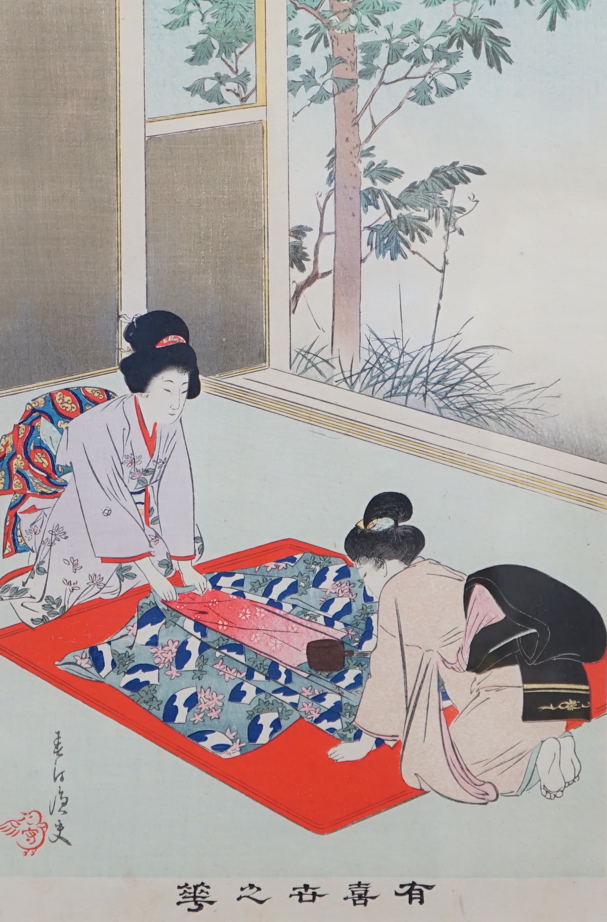 A set of four 20th century Japanese woodblock prints, Geisha at their traditional rituals, each with details verso, 33 x 23cm